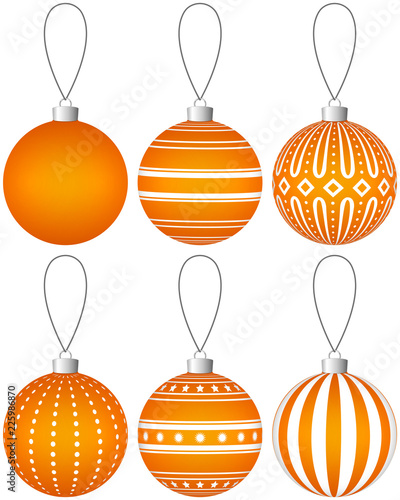 Collection of orange Christmas balls with pattern hanging on a thread. Vector EPS 10