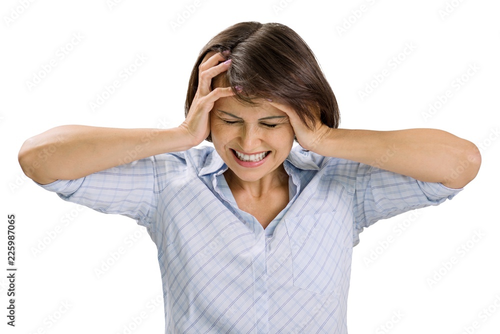 Portrait of sad mature woman, closed eyes and ears, screaming in despair, white background isolated. Facial expression, reaction and negative emotions. Portrait of sad mature woman, closed eyes and ears, screaming in despair, white background isolated. Facial expression, reaction and negative emotions.