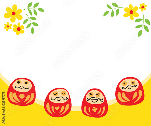 four daruma doll with flower decorate in white space