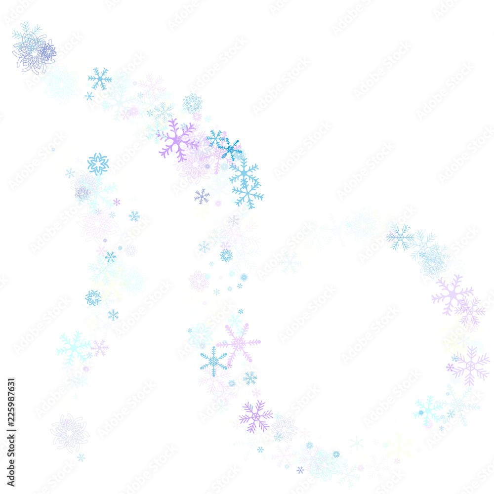 Falling down snow confetti, snowflake vector border. Festive winter, Christmas, New Year sale background. Cold weather, winter storm, scatter texture. Hipster snowfall falling snowflakes cool confetti