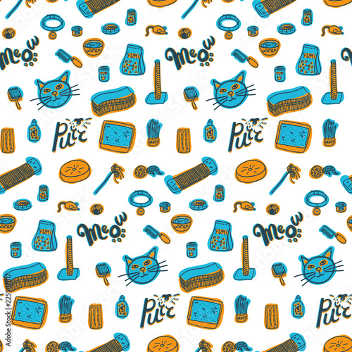 Seamless pattern with cat goods  Meow and Purr