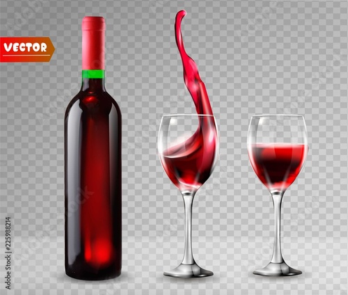 Bottle of wine and wineglass. Red splash. 3d realism, vector icon with transparency.