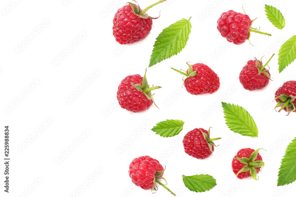 ripe raspberries with green leaf isolated on white background. top view ripe raspberries with green leaf isolated on white background. top view
