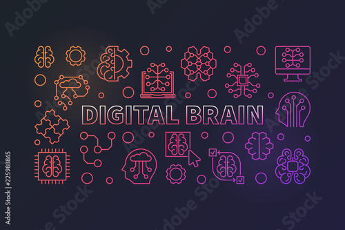 Digital Brain vector creative horizontal banner in line style