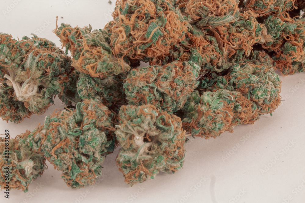 Close up of a pile of 2 different kinds of marijuana buds mixed together with a white background.