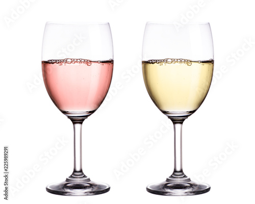 White and red wine in glass isolated on white background.