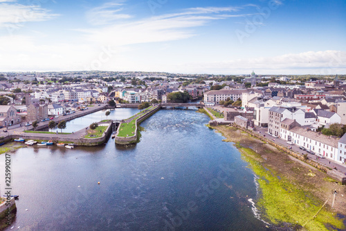An aerial view of the River Corrib, the Claddagh Basin and the street known as The Long Walk in Galway, Ireland.