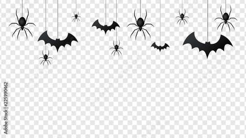 Vector isolated pattern with hanging spiders and bats spider on the transparent background. photo