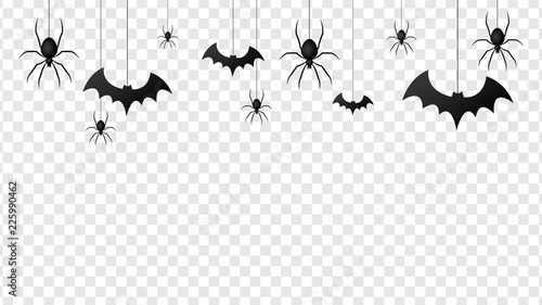 Vector isolated pattern with hanging spiders and bats spider on the transparent background.