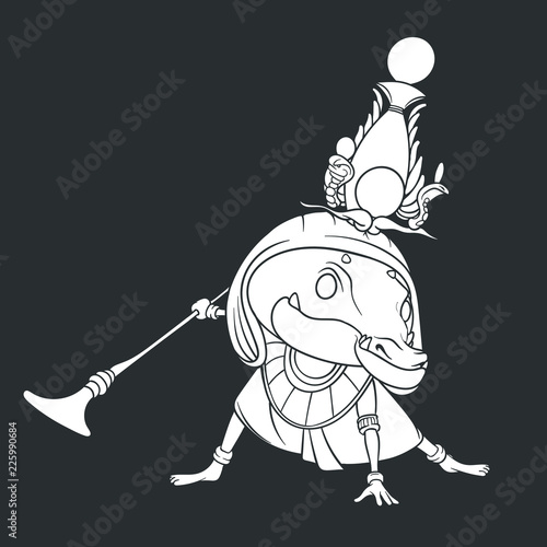 White outline drawing of god Sebek on black background, Egyptian fertility god