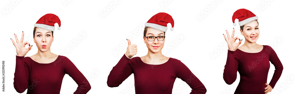 Set of portraits of young girl in a red Christmas hat isolated on a white background. Set of portraits of young girl in a red Christmas hat isolated on a white background.
