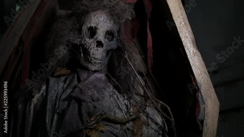 Scary corpse revealed by flashlight close up in coffin