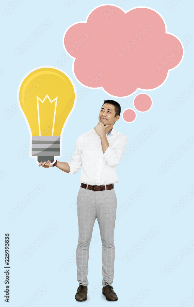 Man with a light bulb icon and a speech bubble Man with a light bulb icon and a speech bubble