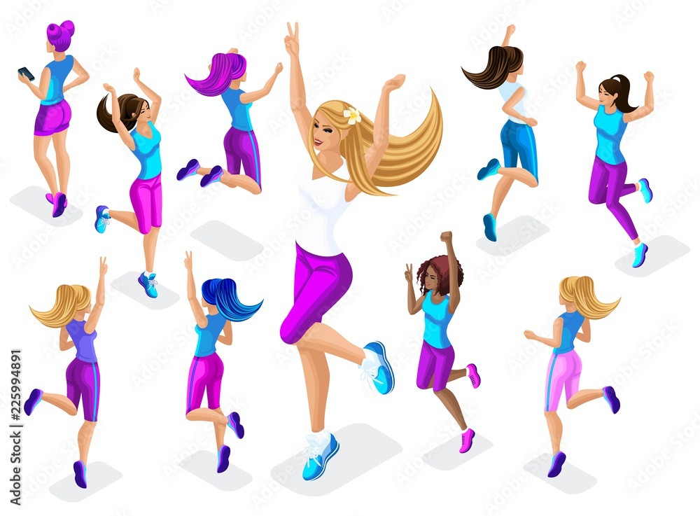 6777012 Isometric of a big girl athlete against a background of small, fitness jumping, running around, front and back view, colorful clothes and sneakers playing1