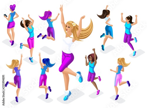 Fototapeta Naklejka Na Ścianę i Meble -  6777012 Isometric of a big girl athlete against a background of small, fitness jumping, running around, front and back view, colorful clothes and sneakers playing1