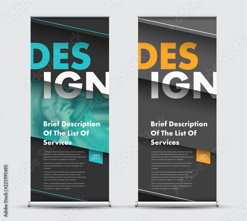 Template vector roll-up banner with diagonal elements at different heights and space for photos.