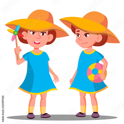 Smiling Little Girl In A Big Hat On The Beach Vector. Isolated Illustration