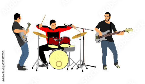 Rock and roll band vector illustration. Musician play bass guitar and drums on stage. Super star music concert show. Great event for fan supporters. Drummer and guitarists players. Singer artist.