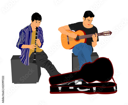Street performers with guitar and flute, clarinet vector illustration isolated on white background. Guitar player, and  flutist. Musician amusement people on the street.