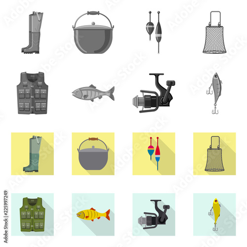Vector design of fish and fishing sign. Set of fish and equipment stock symbol for web.