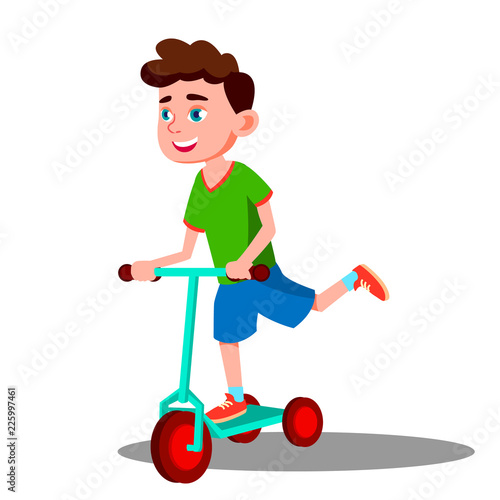 Active Little Boy Is Riding A Scooter Vector. Isolated Illustration