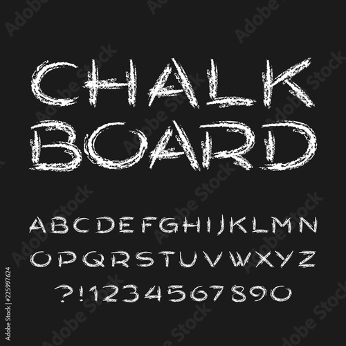 Chalk board alphabet font. Hand drawn grunge letters, numbers and symbols. Stock vector typeface.