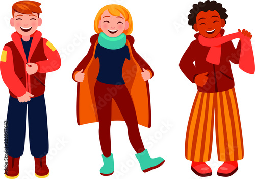 People wear warm clothes. Happy teenagers try on warm clothes