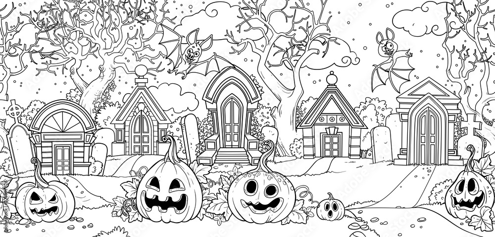 Obraz premium Seamless background from scary old cemetery with Halloween pumpkins and bats outlined for coloring page