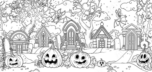 Seamless background from scary old cemetery with Halloween pumpkins and bats outlined for coloring page