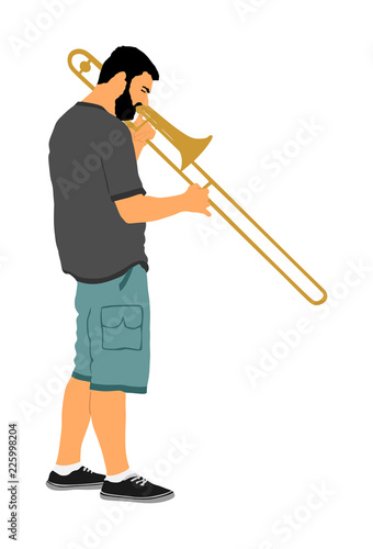 Trombone player vector illustration. Music man play wind instrument. Music artist. Jazz man. Bugler street performer. Musician play trumpet. Entertainment for public. Classic music event.