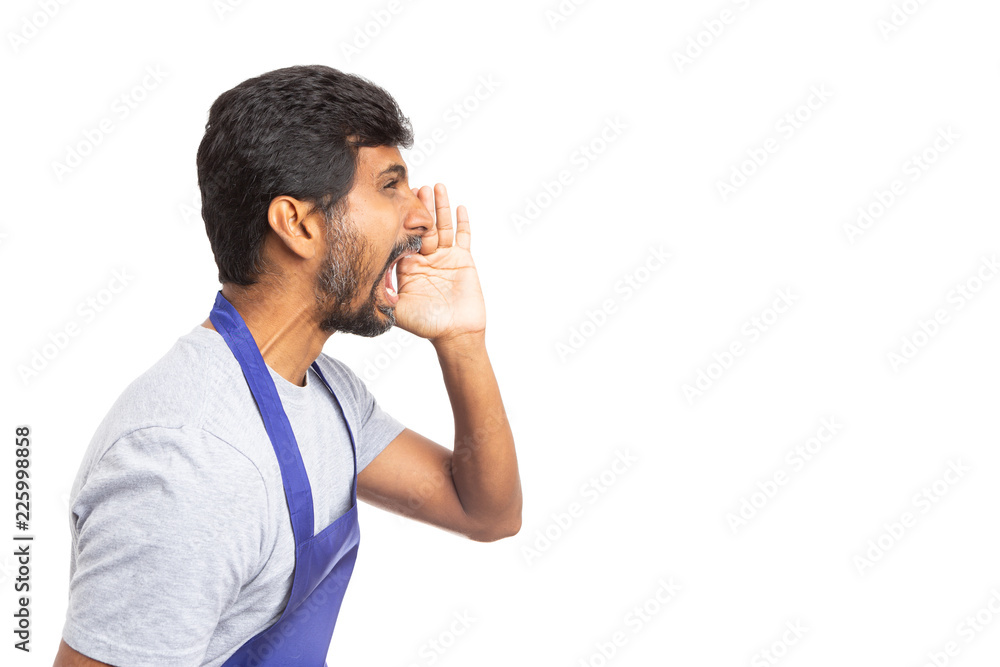 Side-view of supermarket employee yelling.
