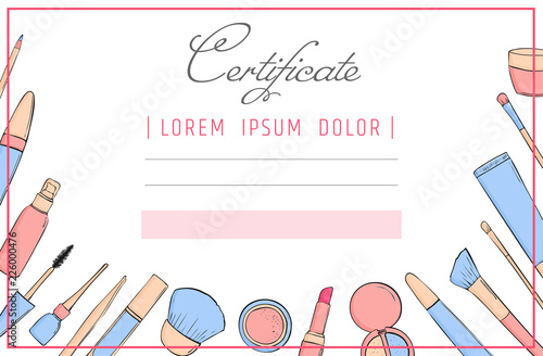 Makeup certificate template. beauty school or refresher courses for beautician. Make up cosmetic diploma.