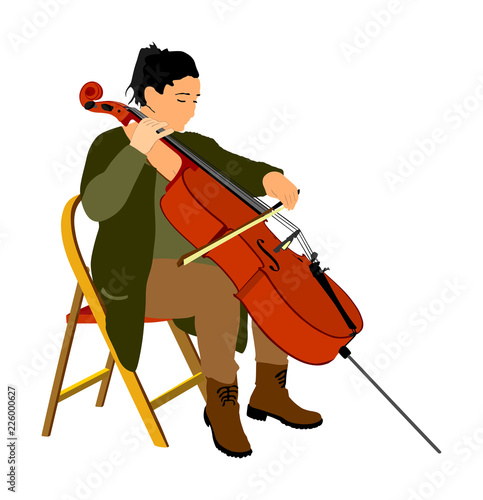 Woman cellist siting and playing cello vector illustration. Music artist girl play string instrument. Jazz woman street performer. Musician play cello. Entertainment for public. Classic music event.