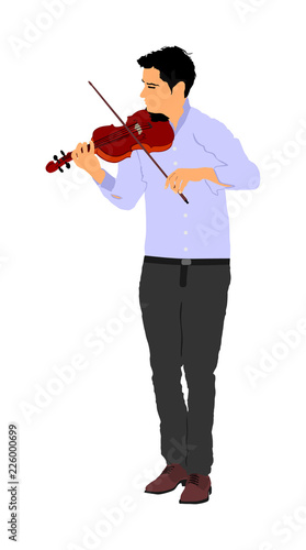 Young music man playing violin vector illustration isolated on white. Classic music performer concert. Musician artist amusement public. Virtuoso on violin. Boy plays string instrument.