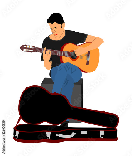 Music man sitting on street with guitar. Guitarist vector illustration, guitar player artist. Public concert entertainment. Singer musician show. Art event with string instrument performer