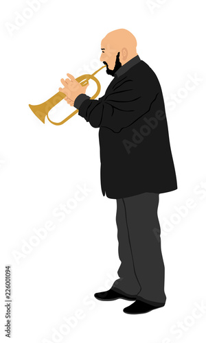 Man with trumpet on stage vector isolated on white background. Music man. Jazz man. Bugler man street performer.