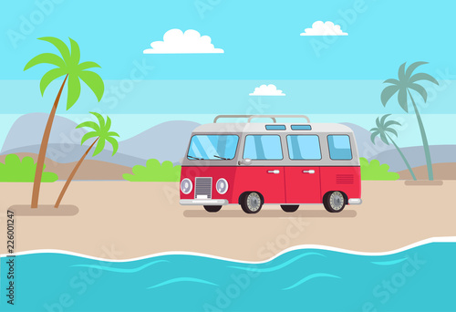 Car and Seaside Composition Vector Illustration