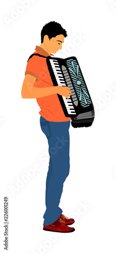 Musician accordion man vector Illustration isolated on white background. Music event on the public. Street performer amusement public.  Music artist. Jazz man. 