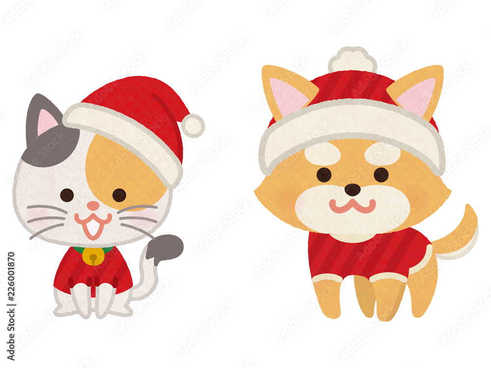 Naklejka premium クリスマスカラーの服を着た犬と猫