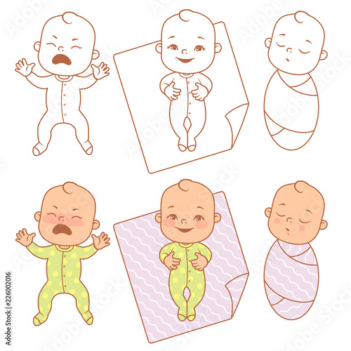 little baby cry, smile, sleep. Nervous baby and after - calm peaceful sleep. How to calm down crying baby, Swaddle baby. Vector illustration .