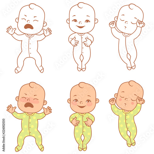 little baby cry, smile, sleep. Nervous baby and after - calm peaceful sleep. How to calm down crying baby,  Vector illustration .