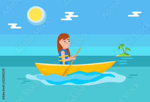 Kayaking Girl Sitting Boat and Holding Oar Vector