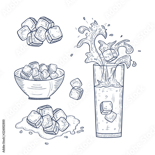 A glass with water. Ice, a cup. Splashes, drops. Set. Sketch. Mo