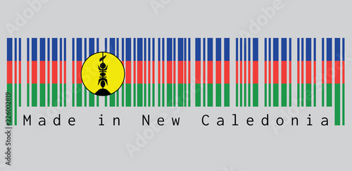 Barcode set the color of New Caledonia flag, blue red and green with a yellow disc fibrated black and defaced with a vertical symbol, also black. text: Made in New Caledonia. concept of sale.