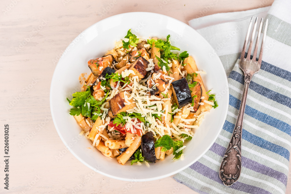 Traditional vegetarian Italian pasta with eggplants - pasta alla norma