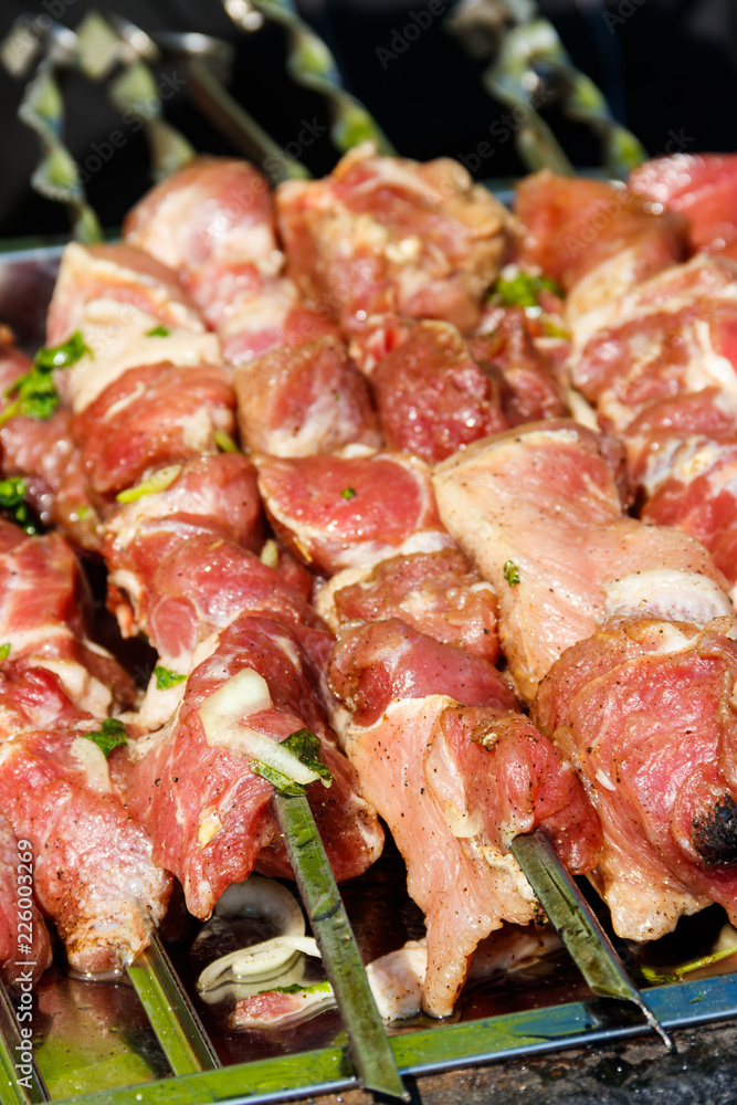 Raw shish kebab on skewers ready for cooking on grill Raw shish kebab on skewers ready for cooking on grill