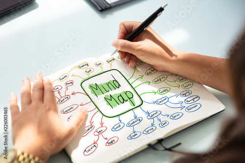 Businesswoman Drawing Mind Map Chart On Notebook