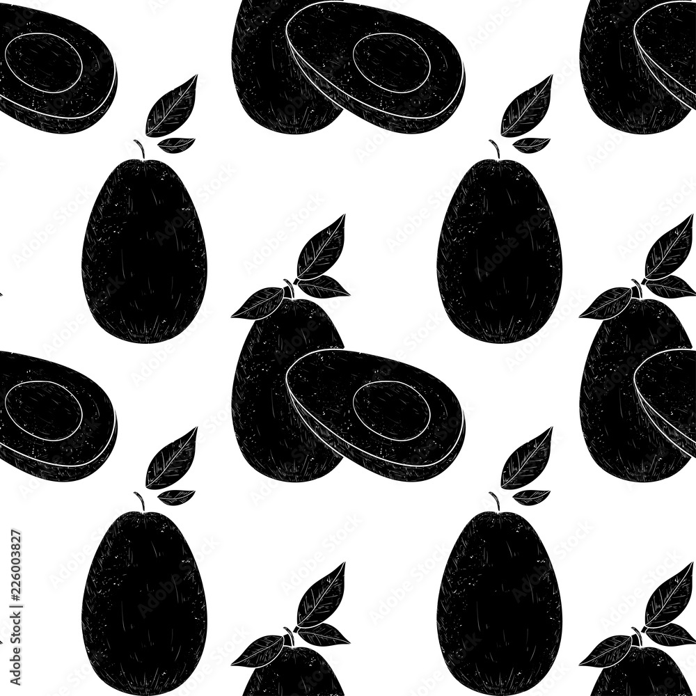 Avocado. Fruit. Sketch. Texture, wallpaper. Seamless. Black silh Stock