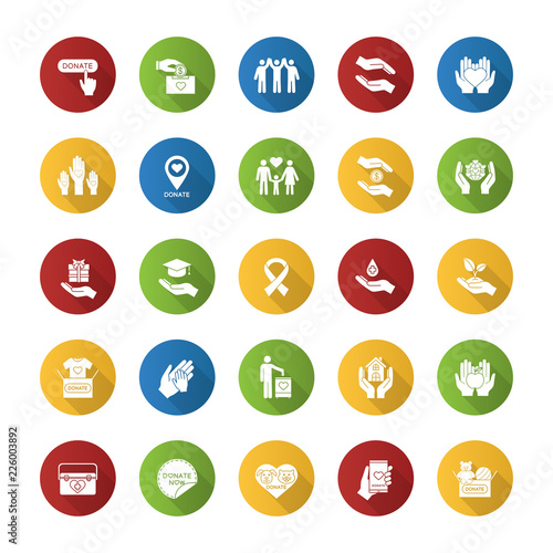 Charity flat design long shadow glyph icons set
