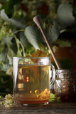 Glass of linden tea with honey  on wooden table.